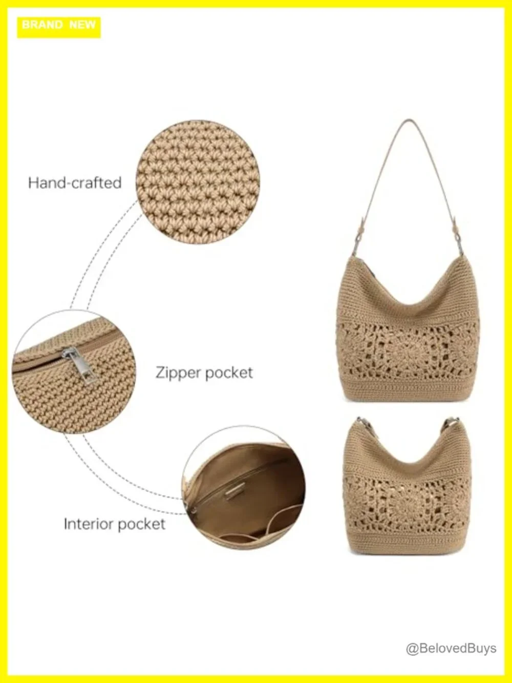 Crochet Hobo Bag with Leather Strap Woven Boho Shoulder Purse